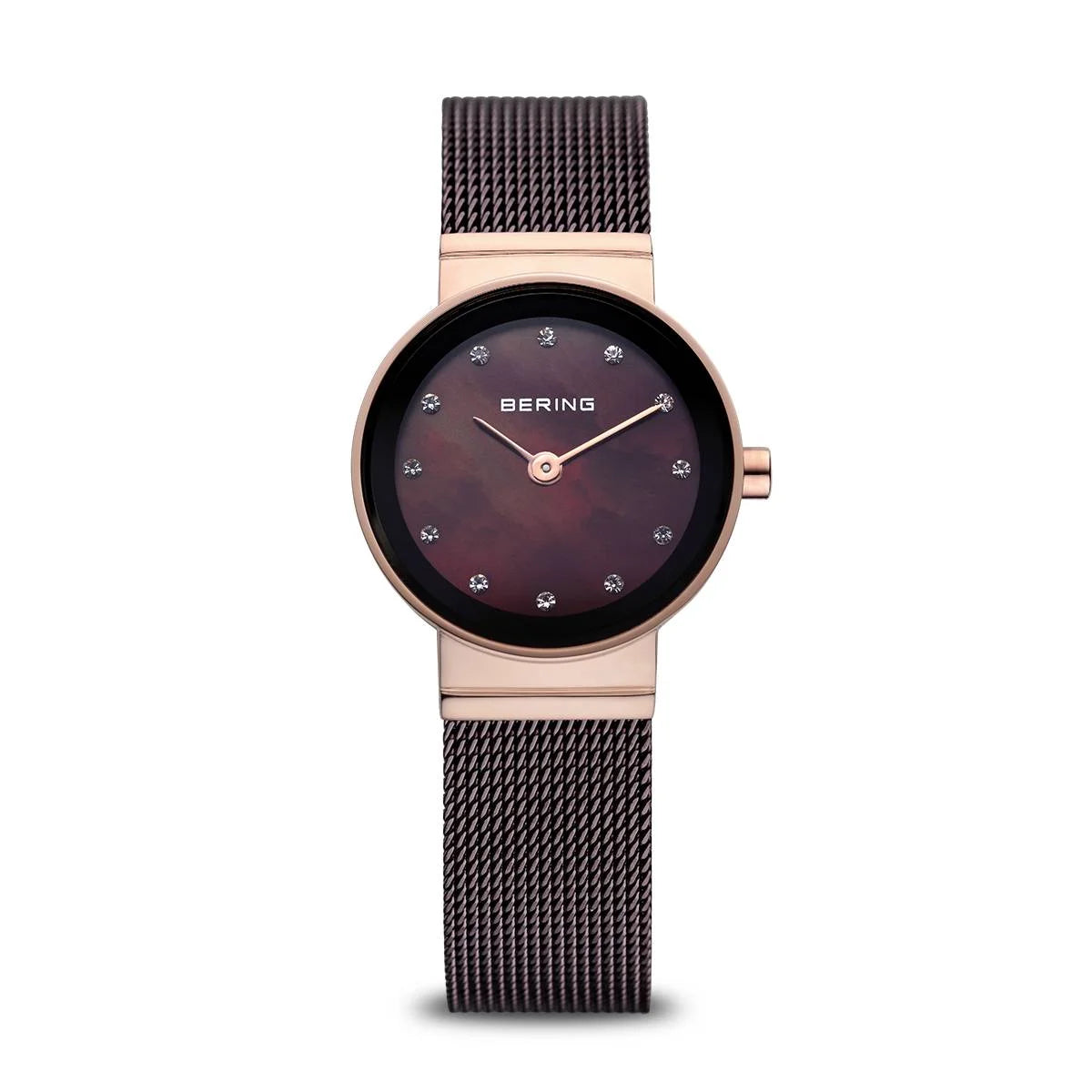 The Bering Watch - Polished Rose Gold - 10122-265 features a rose gold case, black milanese strap, dark burgundy dial, crystal hour markers, and slim handsβa stylish accessory from Bering.