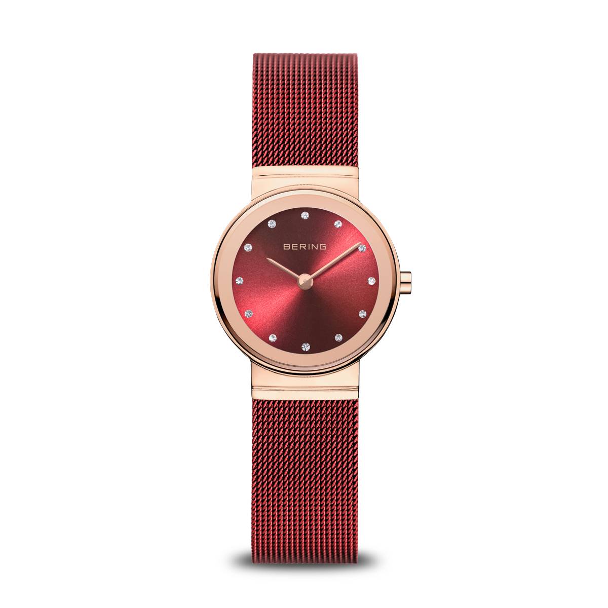 Introducing the Bering Watch - Classic Rose Gold - 10126-363 by Bering: a women's timepiece featuring a rose gold case, a vivid red Milanese mesh strap, and an eye-catching red sunray dial. The minimalist face is adorned with sparkling crystal hour markers and two hands, creating an elegant and refined look.