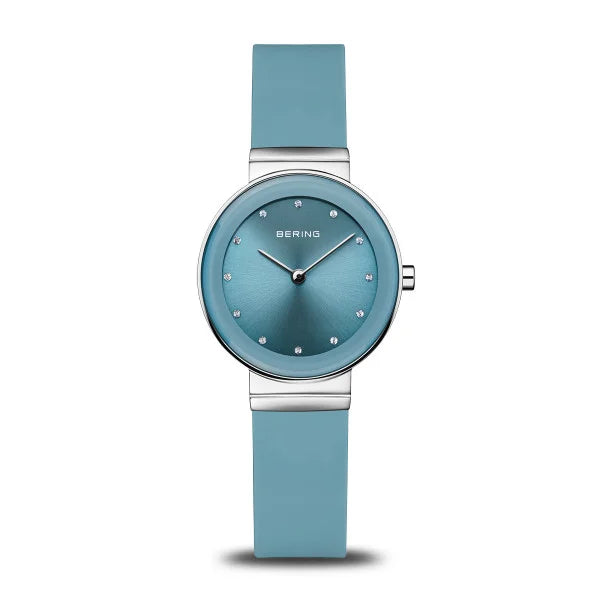The Bering Watch - Classic Collection - 10129-708 features a stainless steel bezel, light blue strap and dial, crystal hour markers, and the Bering brand name for a simple yet elegant look.