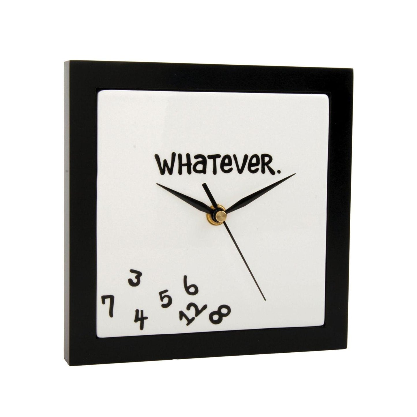 The Enesco Allen Designs Whatever Wall Clock (10320) features “WHATEVER.” on top, jumbled numbers 1–8 in one corner, a black frame, and quirky hands—a perfect funny gift for latecomers or unique wall décor.