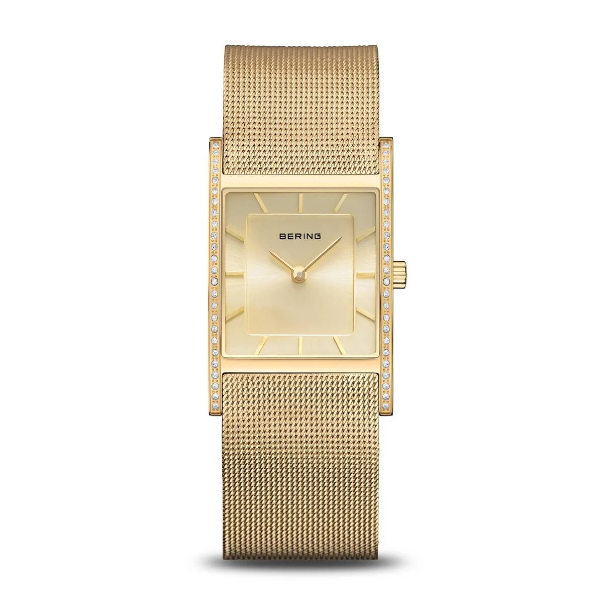 The Bering Watch - Womens Classic Collection - 10426-333-S features a rectangular gold case, mesh band, minimalist gold dial, and side diamonds—exemplifying refined Danish design by Bering, shown against a white background.