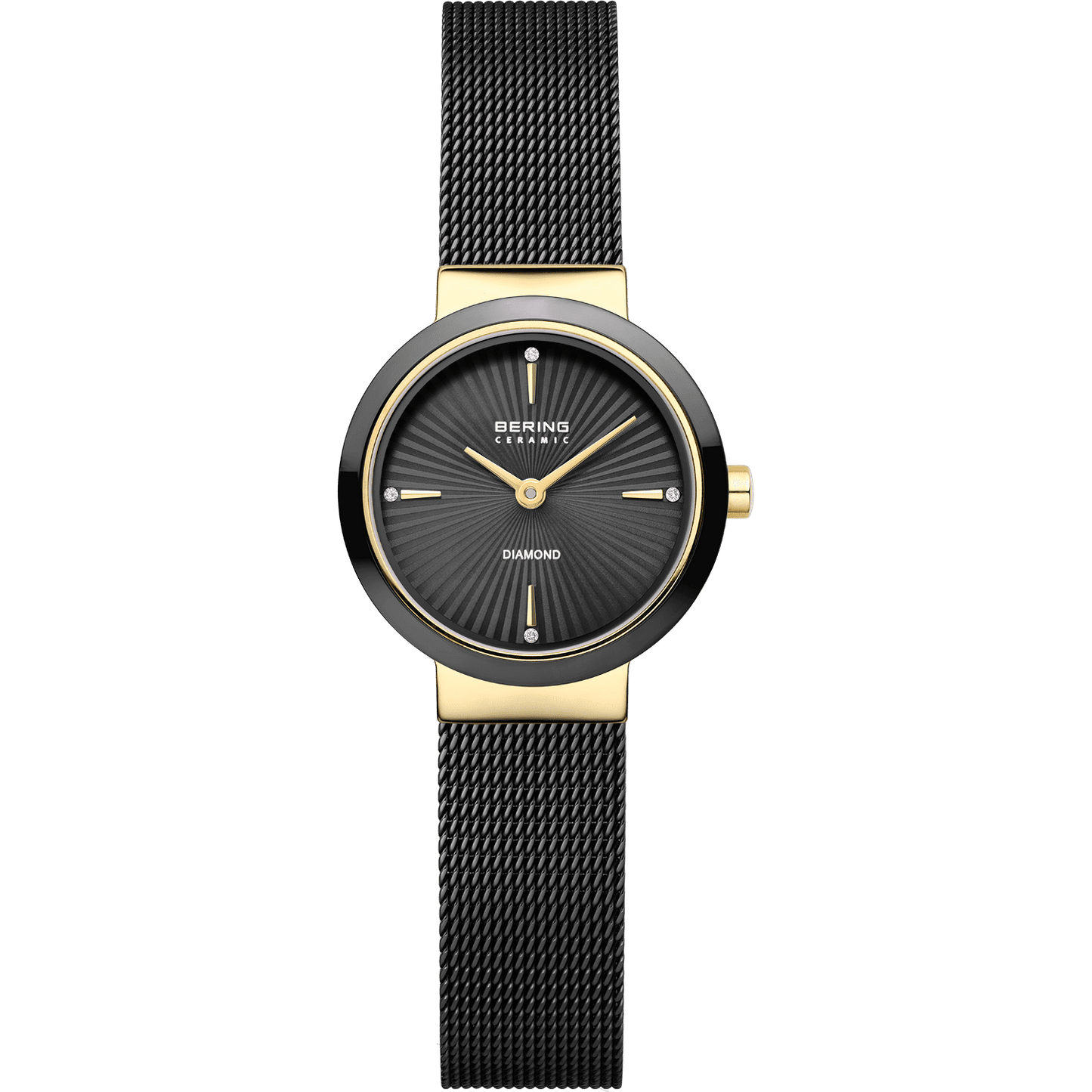 The Bering Watch - Diamond Collection - 10725-132 is a stylish women’s wristwatch from Bering, featuring a black mesh band, gold accents, and a black dial with diamond hour markers at the 12, 3, 6, and 9 o’clock positions.