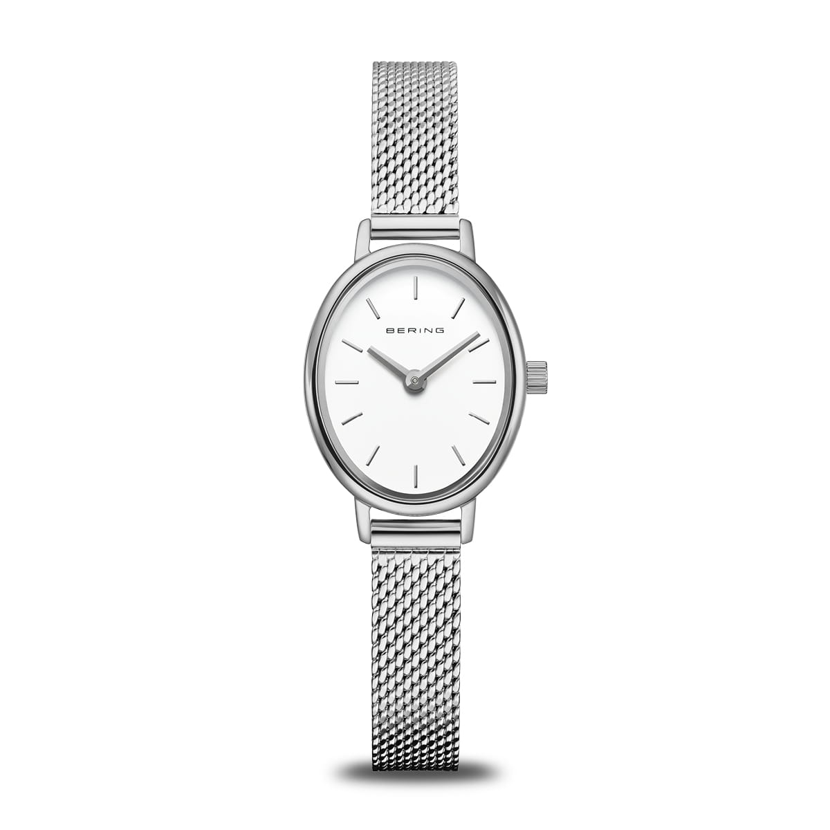 The Bering Watch - Classic Collection - 11020-004 is a stainless steel women's watch with a silver mesh band, an oval white face, sleek black hour markers, and the Bering logo for a timeless and elegant look.