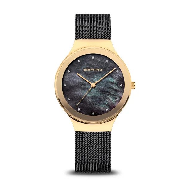 The Bering Classic Collection Womens Watch (12934-132) features a gold case, black mesh band, black mother-of-pearl dial, crystal hour markers, and gold handsโan elegant sapphire crystal timepiece for any occasion.