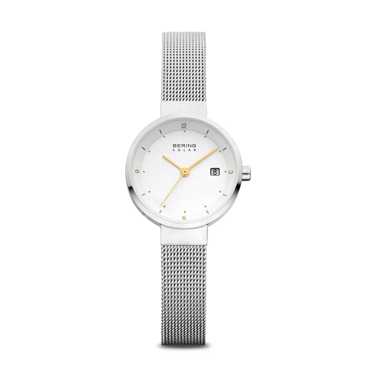 The Bering Watch - Womens Slim Solar (14426-001) features a minimalist Danish design with a silver mesh band, white round face, gold hour markers and hands, date at 3 o’clock, and Bering branding—an elegant eco-friendly choice.
