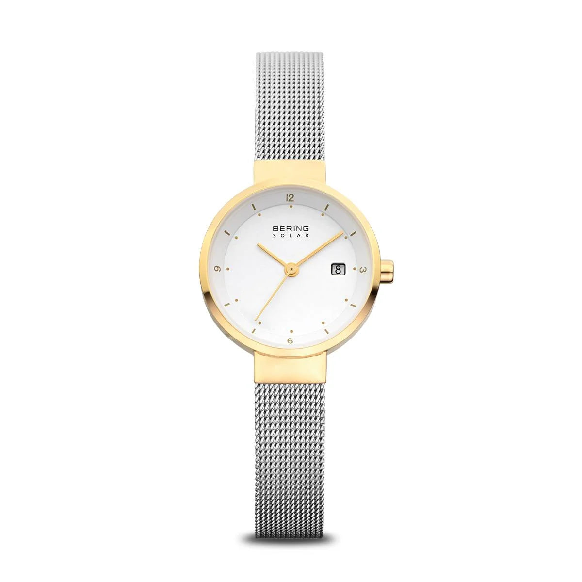 The Bering Womens Slim Solar Watch (14426-010) features a gold round case, white dial with slender gold markers, date display at 3 o’clock, silver mesh band, and eco-friendly solar movement. The Bering brand name is displayed on the dial.