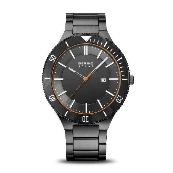 The Bering Watch - Slim Solar Grey (14443-779) features a black stainless steel band, dark gray dial, orange second hand, white hour markers, and date display. The watch is set against a plain white background.