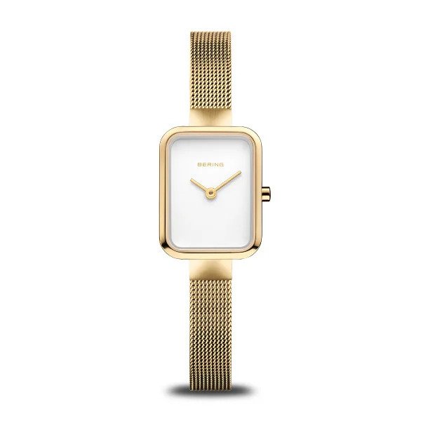 The Bering Watch - Petit Square Collection Womens Gold (14520-334) features a rectangular face, white dial, gold mesh band, single gold crown, and the Bering logo centered on the dial with no hour markers.