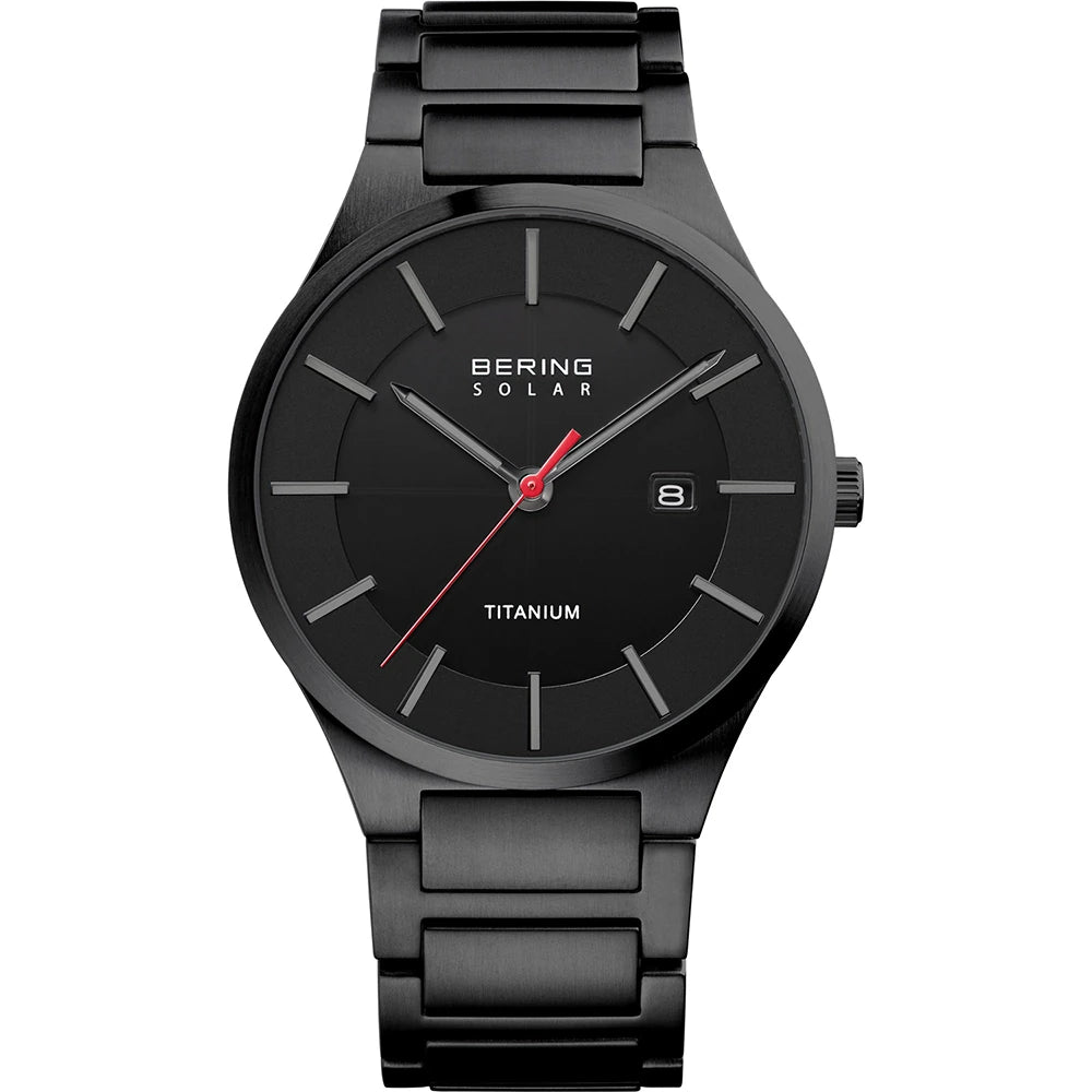 A sleek Bering Watch - Solar Titanium (model 15239-722) featuring a black design, metal band, minimalist dial, a bold red second hand, and a discreet date display at 3 o’clock.