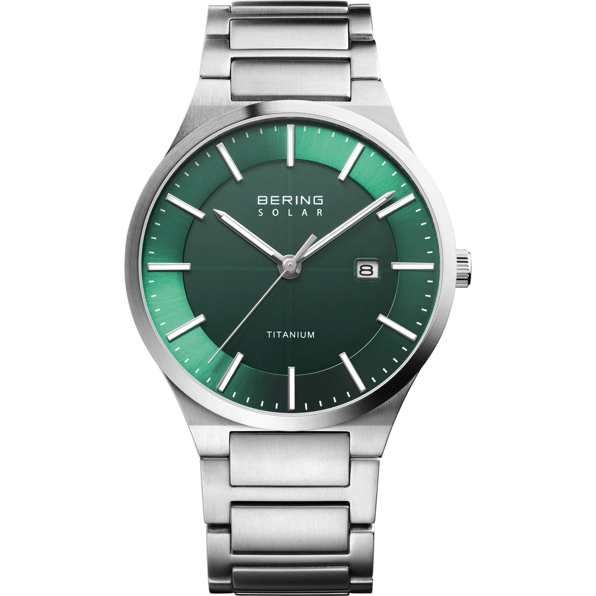 A Bering Watch - Solar Titanium - 15239-778 from Time Square Clock Shop, this men’s wristwatch features a metallic green face with silver hour markers, date display at 3 o’clock, and a sleek metal bracelet. The word “TITANIUM” appears at the bottom of the dial, highlighting its lightweight and durable solar titanium construction.