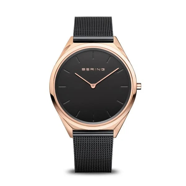 The Bering Watch - Ultra Slim Classic Collection 17039-166 has a black mesh strap, black dial, rose gold case, minimalist rose gold markers and hands, and Bering on the dial—showcasing refined Danish design.