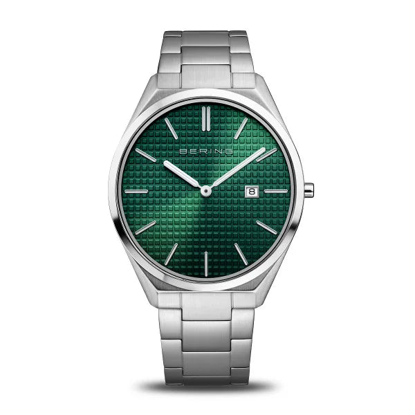 A Bering Watch from the Ultra Slim Collection (17240-708), featuring a green textured dial, sapphire crystal, silver hour markers, date window at 3 oβclock, metal link bracelet, and βBeringβ displayed on the dial.