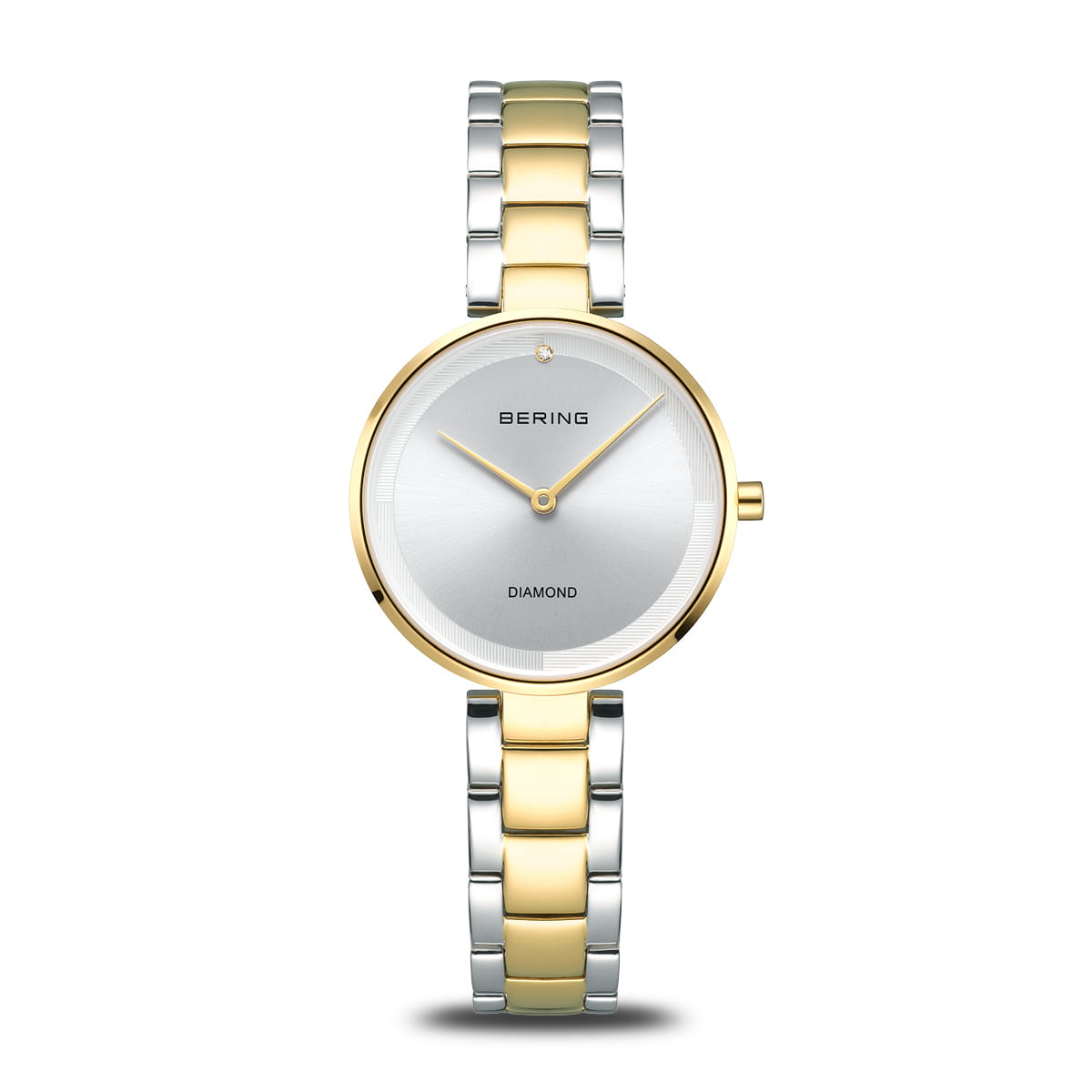 The Bering Watch - Diamond - 17529-710 features a silver round face, minimalist design, single diamond at 12 o’clock, BERING logo at center, and an elegant two-tone gold and silver stainless steel band for women.
