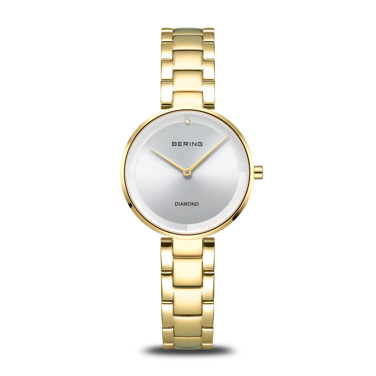 The Bering Watch - Diamond - 17529-730 features a silver round face, minimalist design, single diamond at 12 o’clock, gold hour and minute hands, and an elegant gold-tone bracelet. Brand: Bering.
