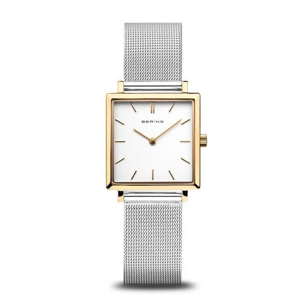 The Bering Watch - Ladies Classic Tank (18226-010) features a square face, white dial, gold-tone case, minimalist gold markers and hands, plus a stainless steel silver mesh strap—combining simplicity and elegance by Bering.