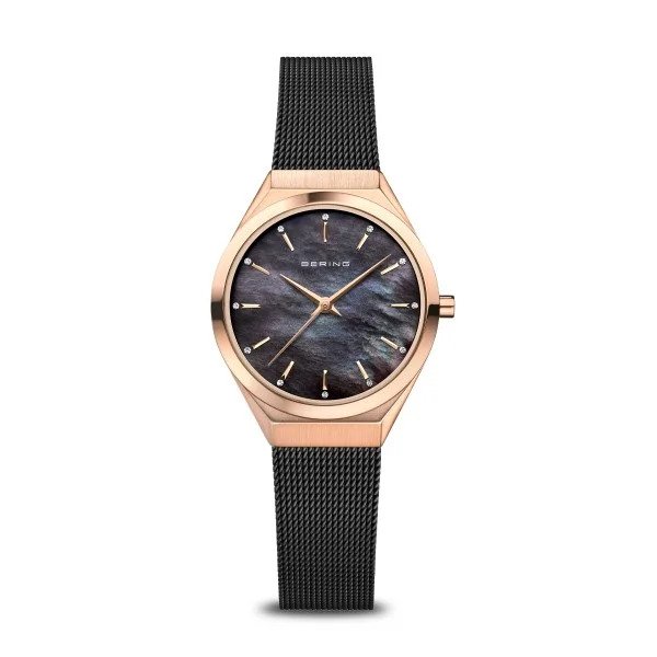 The Bering Watch - Classic Ultra Slim Womens Rose Gold w/Black Mother of Pearl (18729-166) features a black mesh band, rose gold case, black mother-of-pearl dial, and gold markers with the Bering brand displayed on the dial.