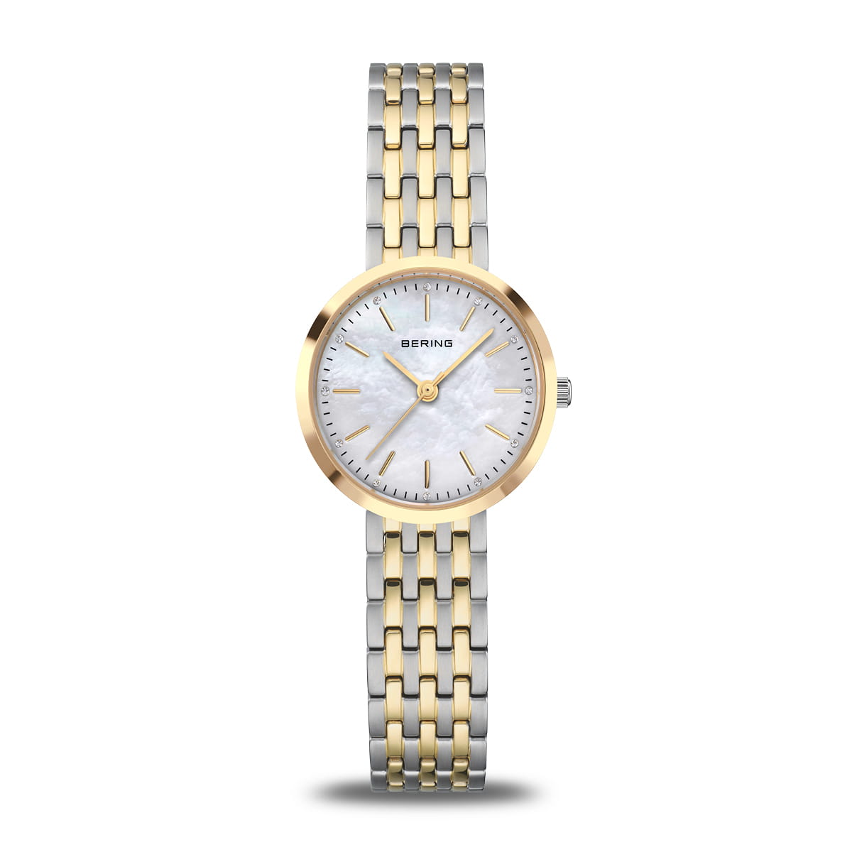 The Bering Watch - Classic Collection - 19126-710 features a white mother-of-pearl dial, gold hour markers, and a two-tone stainless steel bracelet in gold and silver links, all in a minimalist design without a date display.