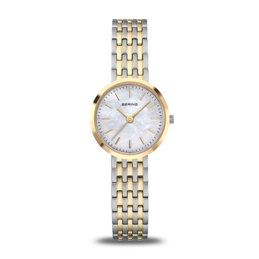 The Bering Watch - Classic Collection - 19126-710 features a white mother-of-pearl dial, gold hour markers, and a two-tone stainless steel bracelet in gold and silver links, all in a minimalist design without a date display.