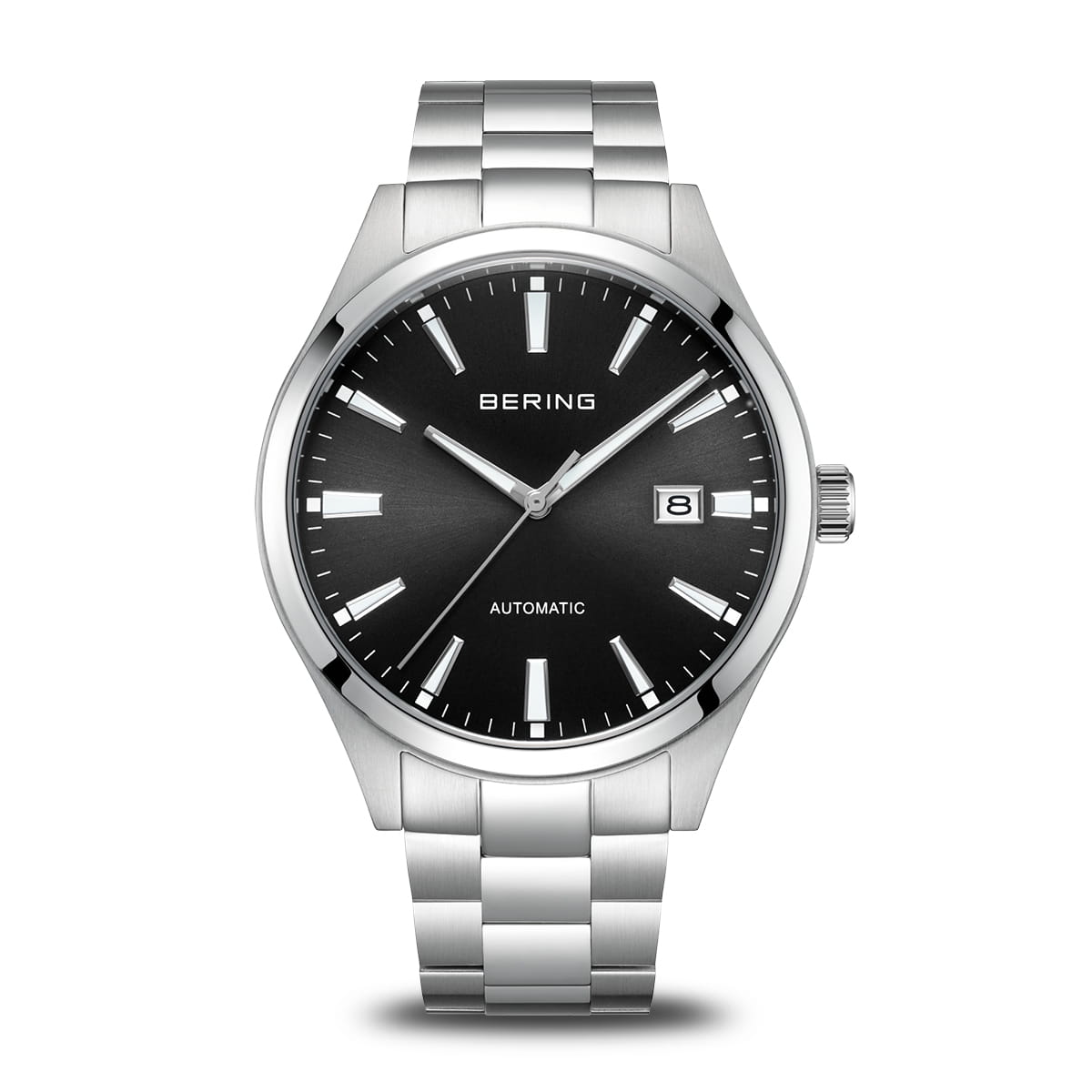 The Bering Watch - Men's Automatic (19842-702) features a silver case, black sunray dial with white markers and hands, date at 3 o'clock, "AUTOMATIC" above 6 o'clock, and a wide silver metal link band. Brand: Bering.