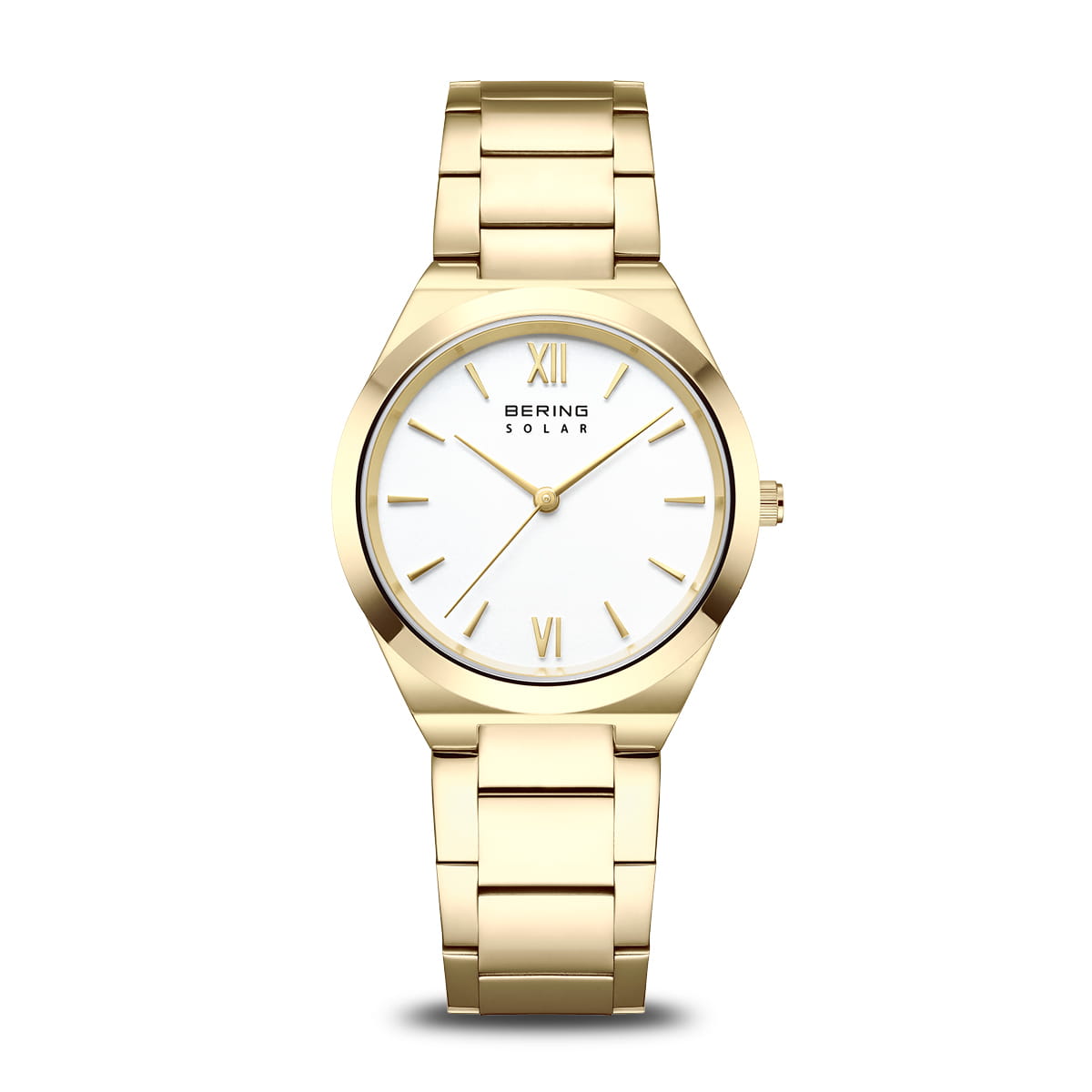 The Bering Watch - Solar Collection - 19932-734 is a chic women’s solar watch with a gold-tone metal link band, white dial, gold Roman numeral markers, and “SOLAR” displayed beneath the Bering logo—perfect for any occasion.