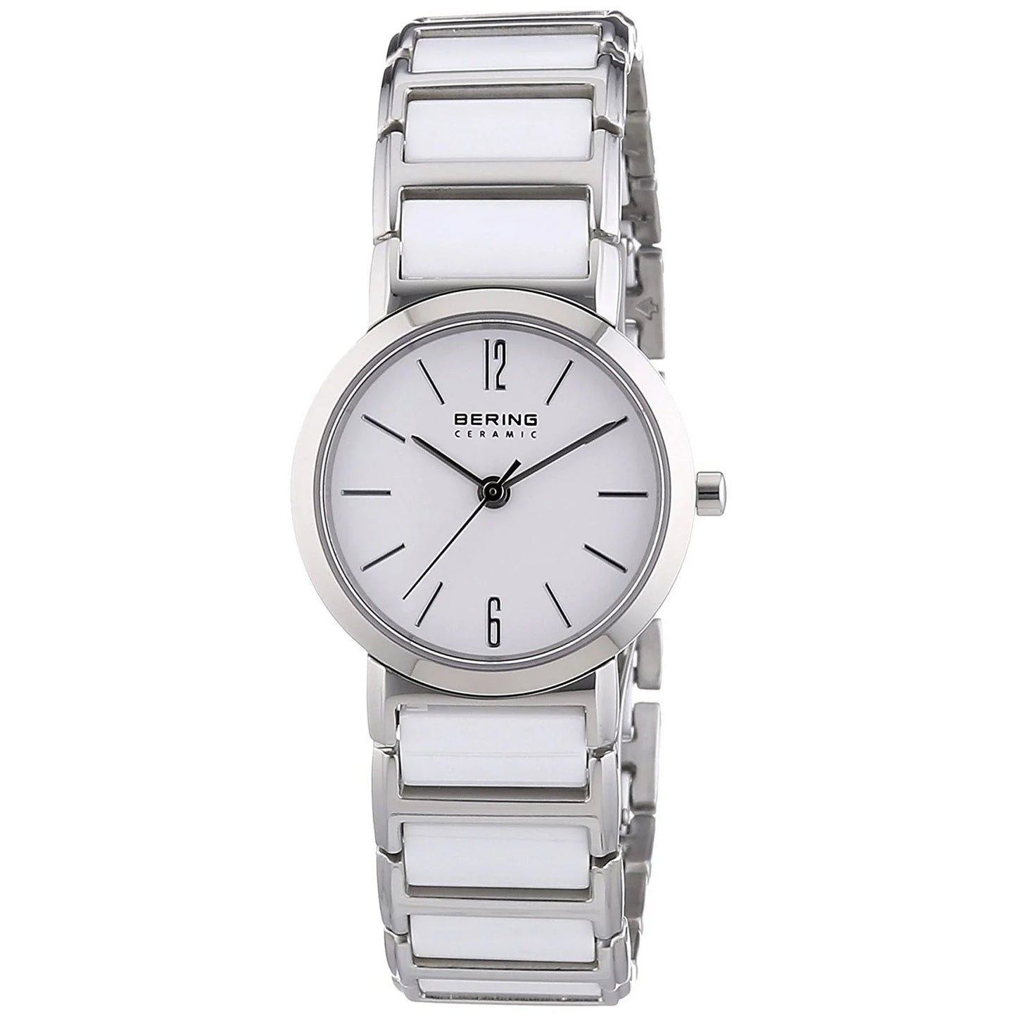 The Bering Watch - Ceramic Collection - 30226-754 features a silver and white design with a round face, minimalist black markers, only the 12 and 6 numerals, and a two-tone stainless steel and ceramic link band.