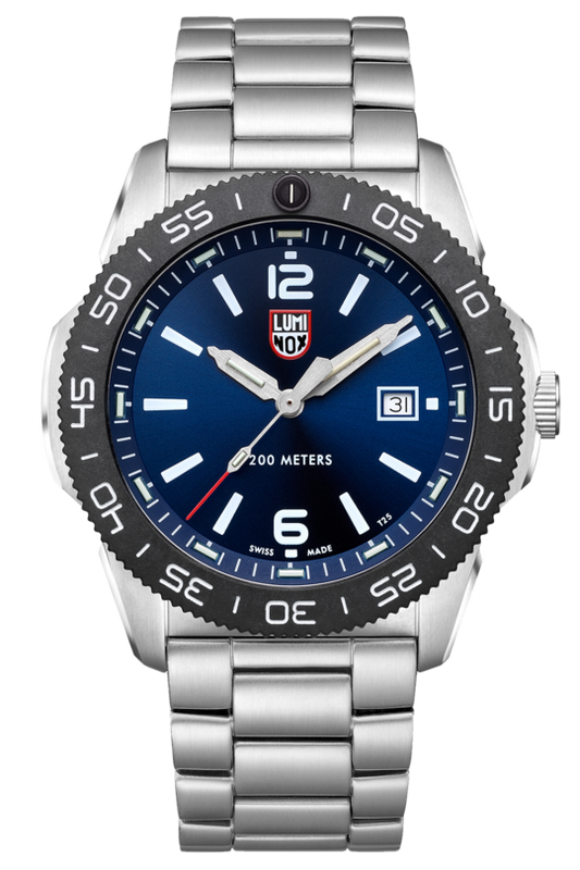 The Luminox Watch - Pacific Diver - XS.3123 features a stainless steel case, blue dial with white markers, self-powered illumination, date at 3 o’clock, unidirectional black bezel, and is Swiss made.