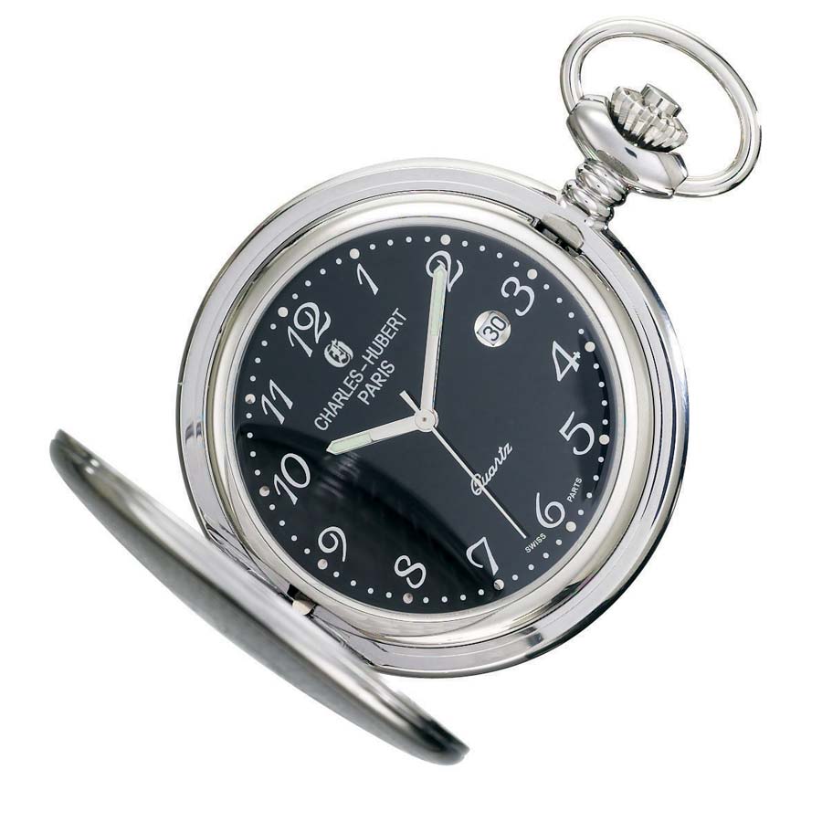 The Charles Hubert Pocket Watch - Full Hunter Quartz - 3599-B features a stainless steel case, black dial with white numerals and hands at 10:10, and a partially open lid revealing “Charles-Hubert Paris” on the face.