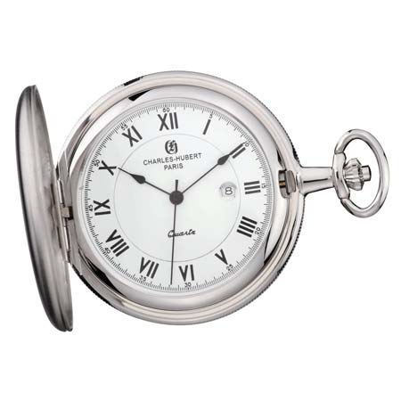 The Charles Hubert Pocket Watch - Full Hunter Quartz - 3940 features a silver case, white dial with black Roman numerals, open cover, visible hands, and a date window next to the Charles Hubert branding.