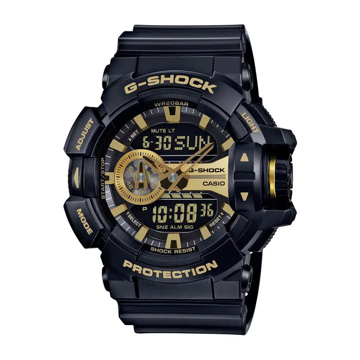 Black shock resistant GShock Watch - 400 Series - 400GB-1A9CR digital and analog watch with gold accents and a large side crown.