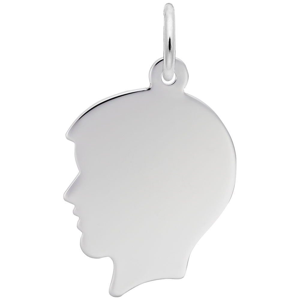 The Rembrandt Charms Boy Head Charm (4429SS) features a sterling silver side-profile of a boy’s head with smooth edges and a top loop for attaching to a chain—an elegant piece by Rembrandt.