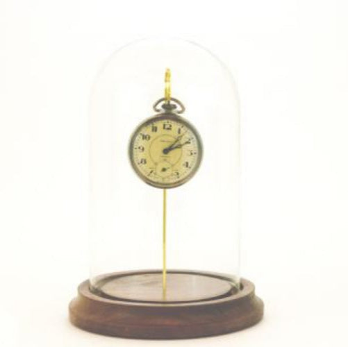 A large glass dome with a solid wood base and a brass hook, designed for displaying a pocket watch.