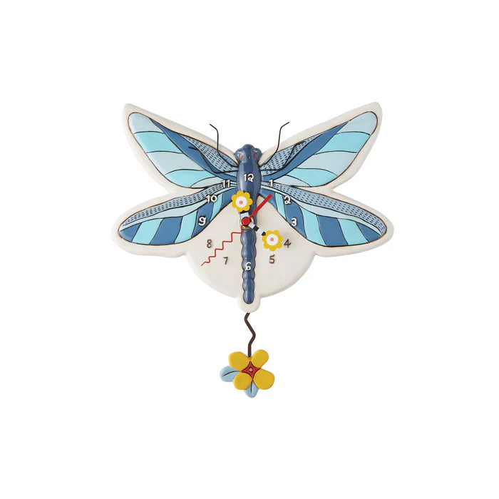 The Enesco Allen Designs Blue Dragonfly Clock (6016648) features patterned wings, a clear clock face with visible numbers, and a yellow and blue flower pendulum for a whimsical wall accent.