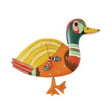 The Enesco Allen Designs Waddles Clock (6016855) features a duck shape with numbered body, central clock hands, and a whimsical foot-shaped pendulum.