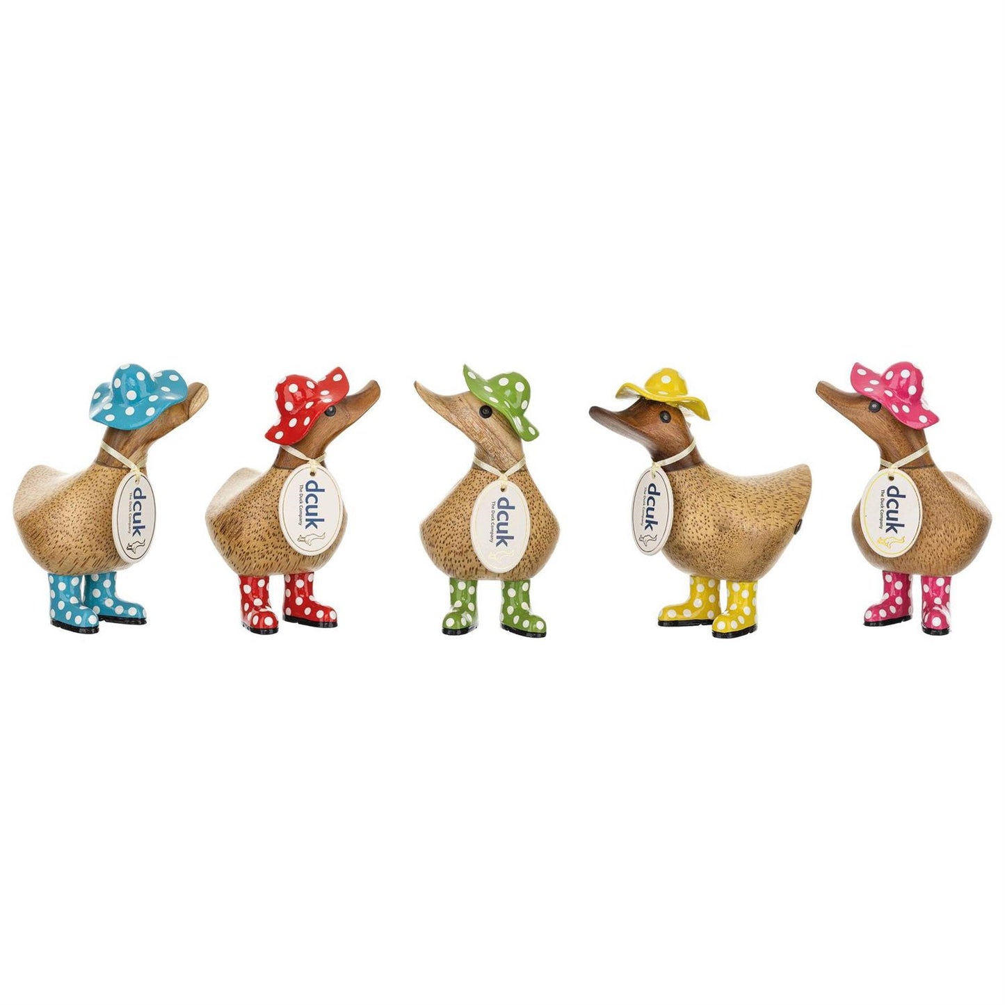 Five Enesco DCUK Ducks (Duckys Spotted Hat & Boots - 6018583) stand in a row, each with colorful polka dot boots, matching spotted hats, and dcuk tags—charming bamboo duck decor accents.