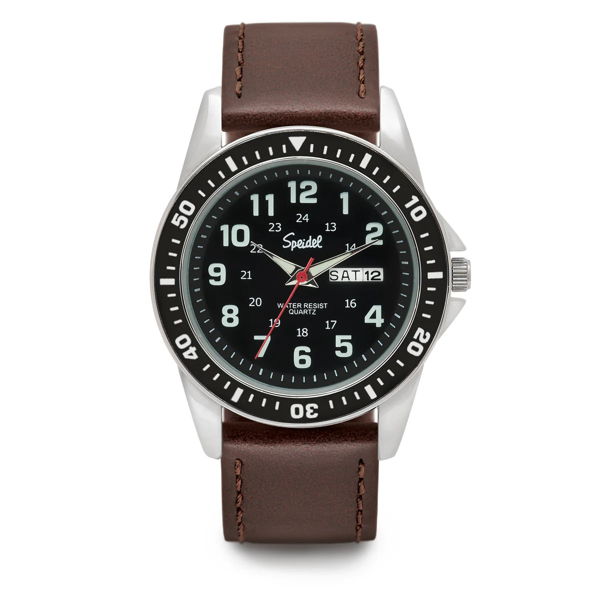 The Speidel Watch - Diver - 60332210 features a dark face, white numbers, black bezel, and brown leather strap. It displays hours, minutes, seconds, day, and date on the right, plus a classic rotating diver bezel.