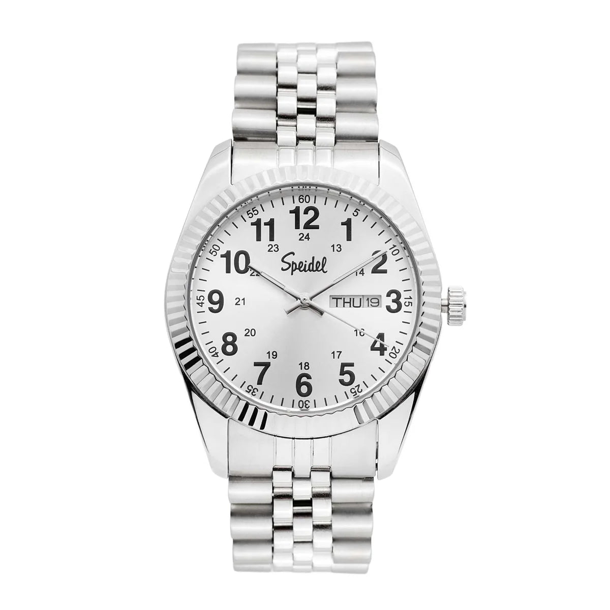 The Speidel Watch - Classic - 603330000 features a silver metal link band, white face with black Arabic numerals, day-date display (THU 19) on the right, three hands, and a ridged bezel. Brand: Speidel.