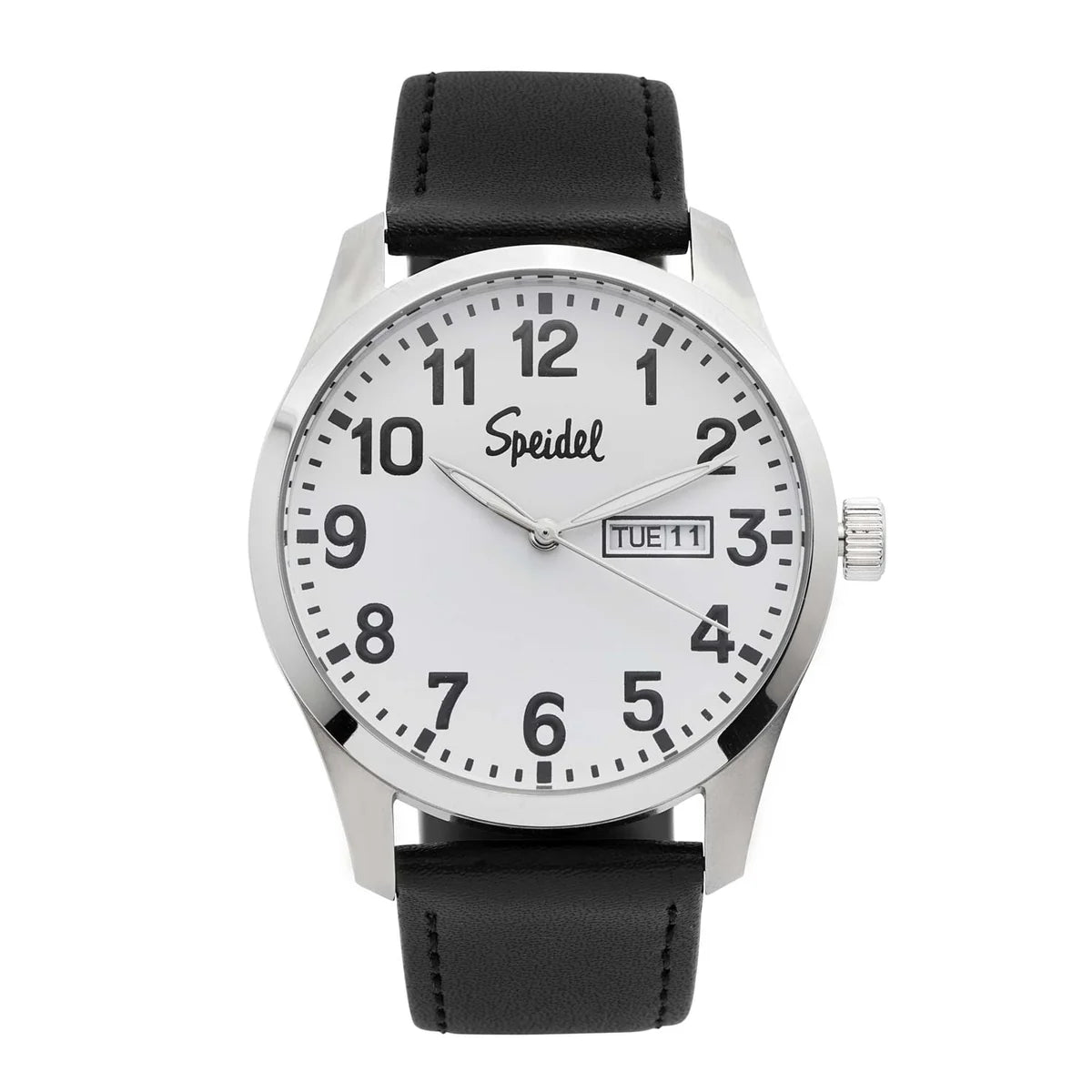 The Speidel Watch - Essentials - 603372000 by Speidel features a white face, black numerals and hands, a day-date window on the right, and a classic black leather strap for timeless style.