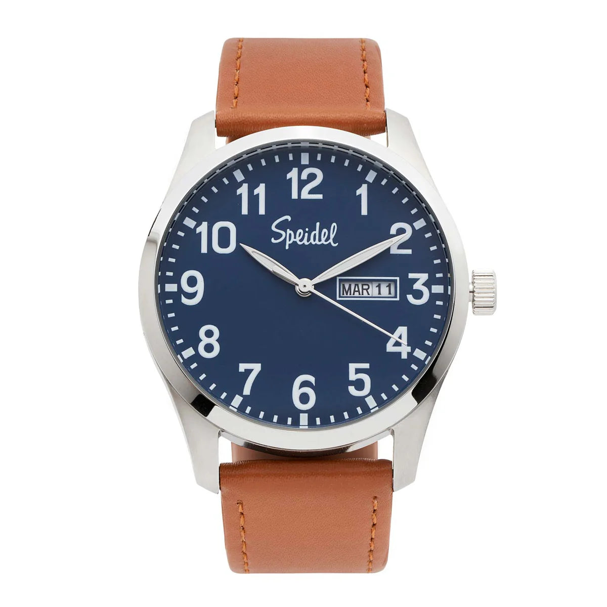 The Speidel Watch - Essentials - 603372006 features a brown leather band, blue dial with white numerals, silver hands, date display (MAR 11), and the Speidel logo below 12 o’clock for a classic look.