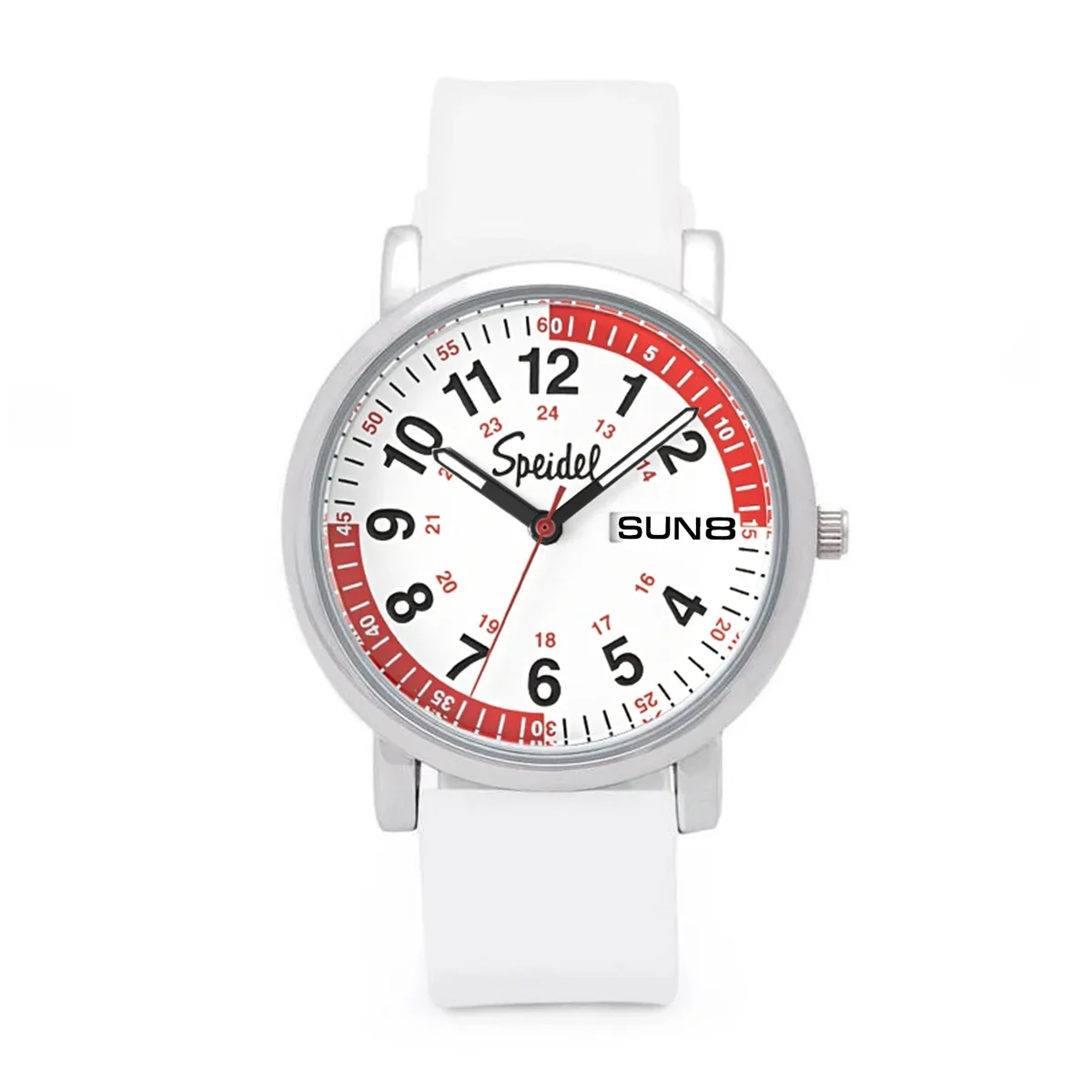The Speidel Scrub Pulsometer Watch (60630006) features a white band, silver case, round dial with black hour numbers, red 24-hour markers, date window (SUN 8), black hands, and a red second hand.