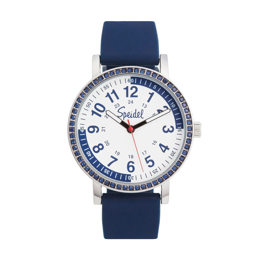 The Speidel Scrub Pulsometer Watch (60636009) features a blue band, white dial with blue hour markers, sparkling blue stone bezel, and displays 10:08:37—ideal for medical professionals.