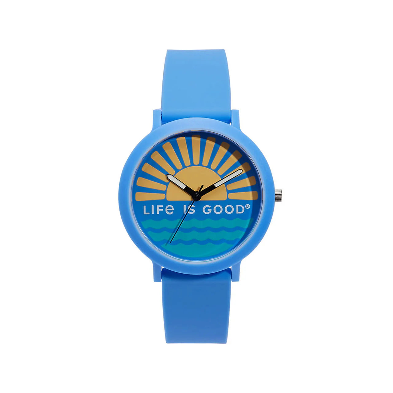 The Speidel Watch - Life is Good - Sunset on the Water (60930007) features a blue silicone strap, a colorful dial with a yellow sun, rays, and blue waves, plus "LIFE IS GOOD" for a simple, modern look.