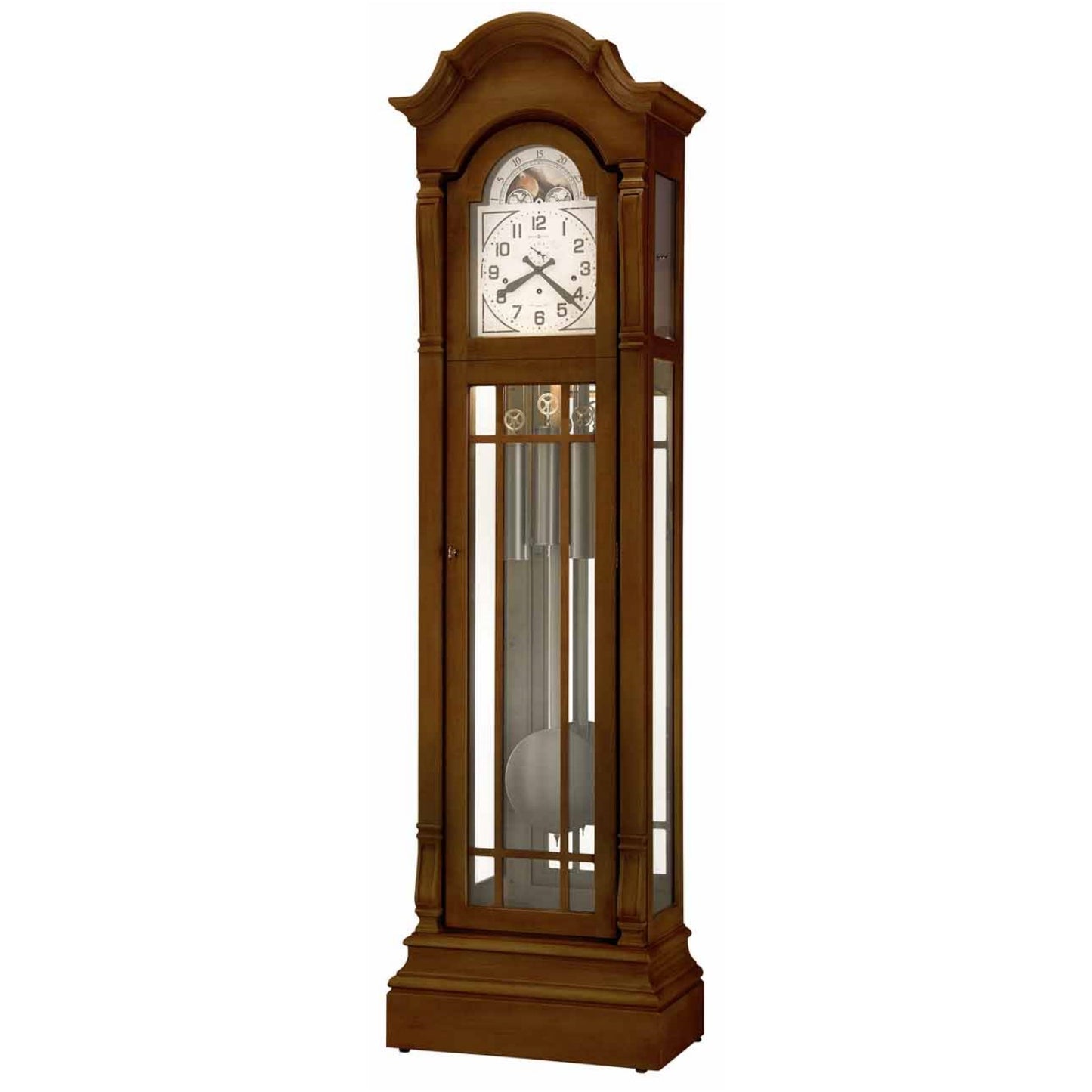 The Howard Miller Roderick IV Grandfather Clock (611-288) features a glass door, visible clock face, pendulum, and decorative top, standing upright against a white background.