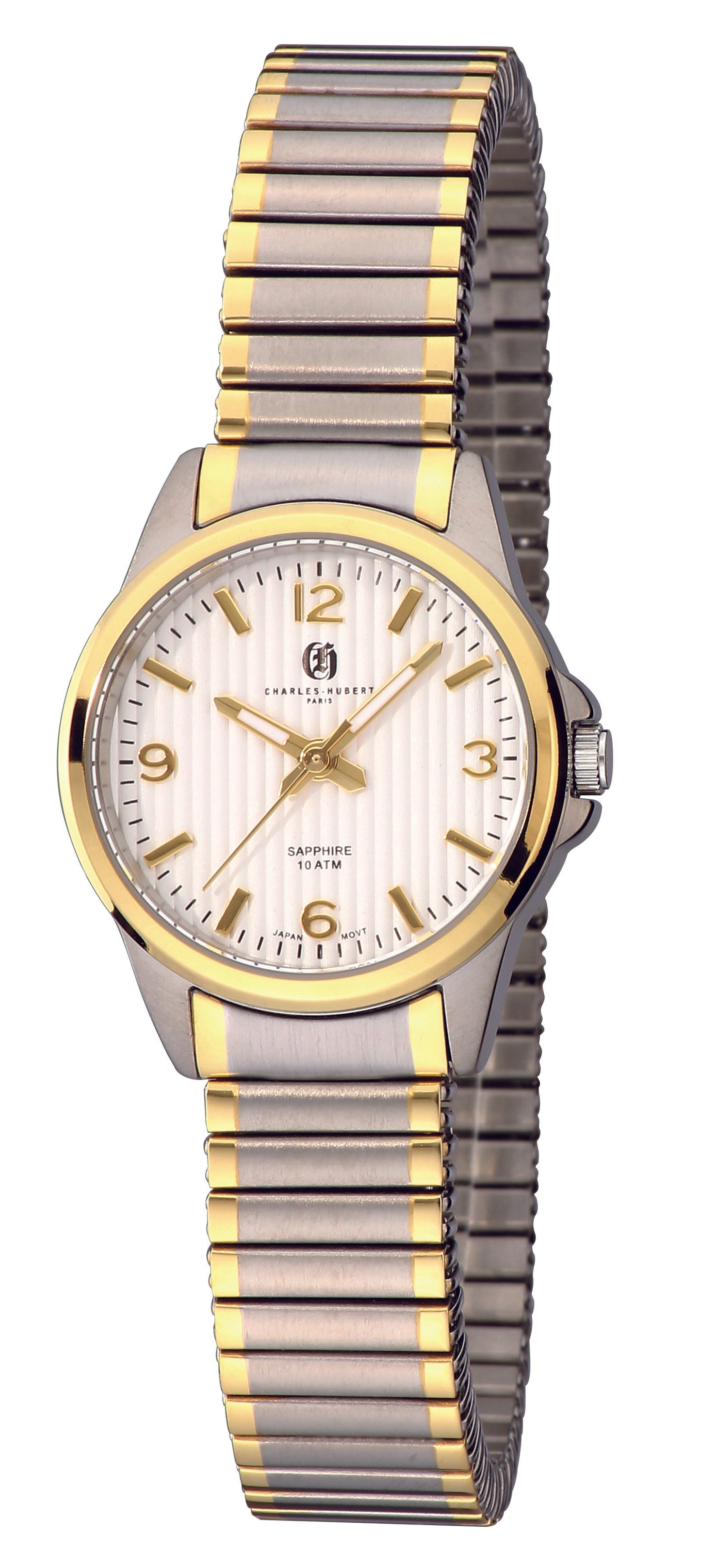 The Charles Hubert Watch - Titanium Quartz - 6990-W features a round white face with gold markers and hands, a two-tone expandable band, brand logo, and Sapphire 5 ATM marking its Premium Collection status.