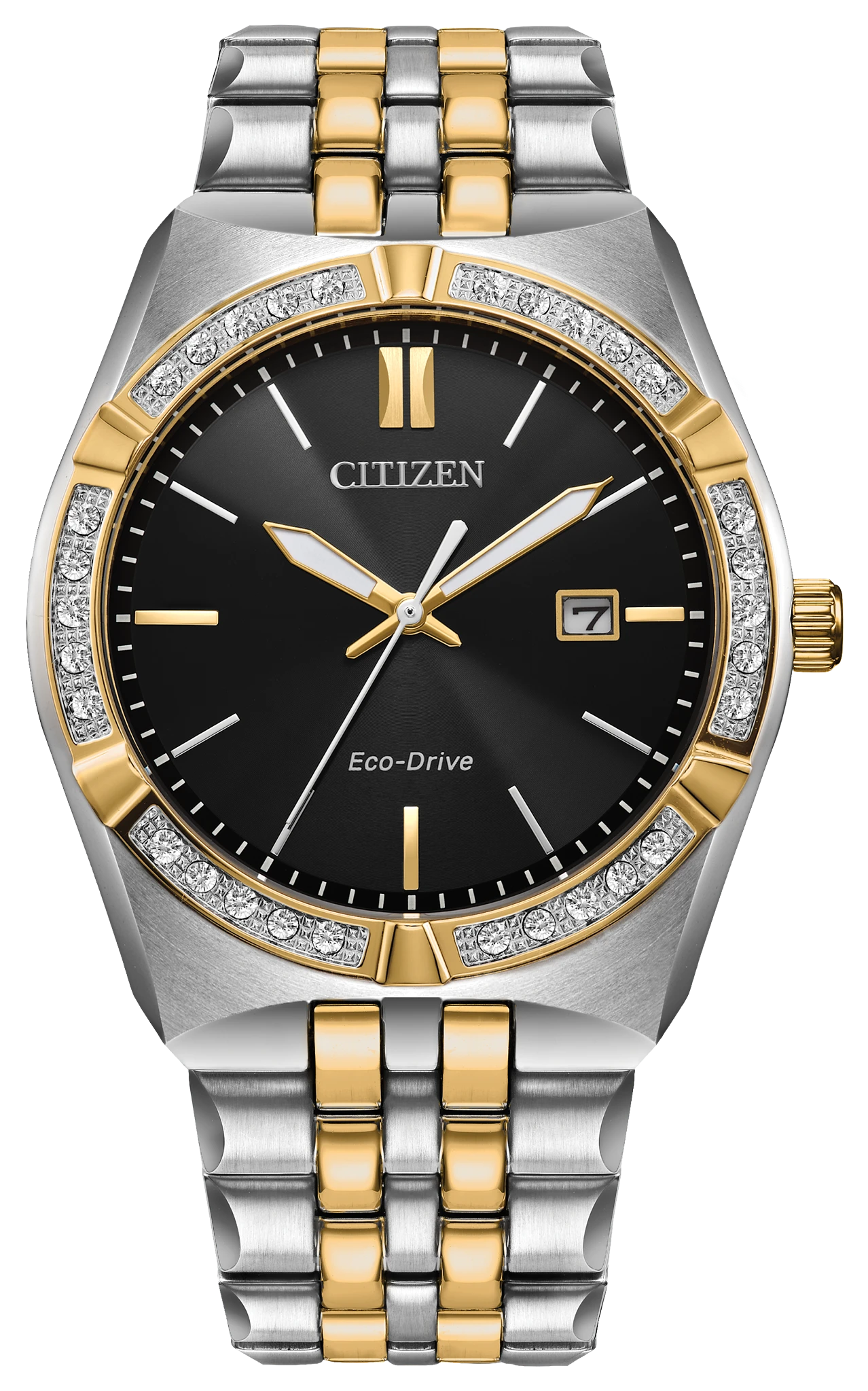 The Citizen Corso Diamond BM7644-51E men’s watch features a black dial, two-tone gold & silver stainless steel band, gold accents, date at 3 o’clock, and a diamond-set bezel with sparkling hour markers.