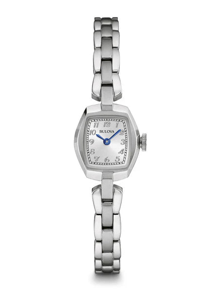 The Bulova Watch - Classic Collection - 96L221 features a rectangular silver face with blue hands, silver hour markers, the Bulova logo at the top, and a linked stainless steel band.