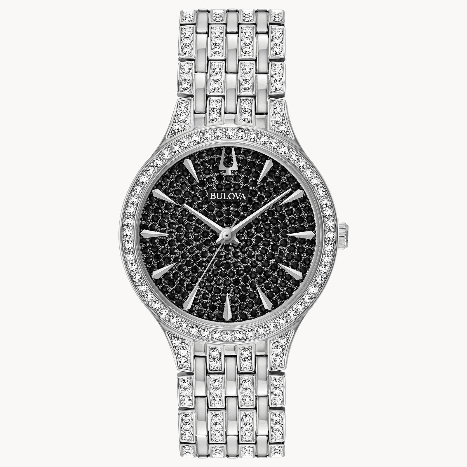 The Bulova Watch - Phantom - 96L273 features a silver-tone stainless steel design, black crystal-studded face, silver hour markers, and a sparkling bracelet—combining luxury and timeless elegance by Bulova.