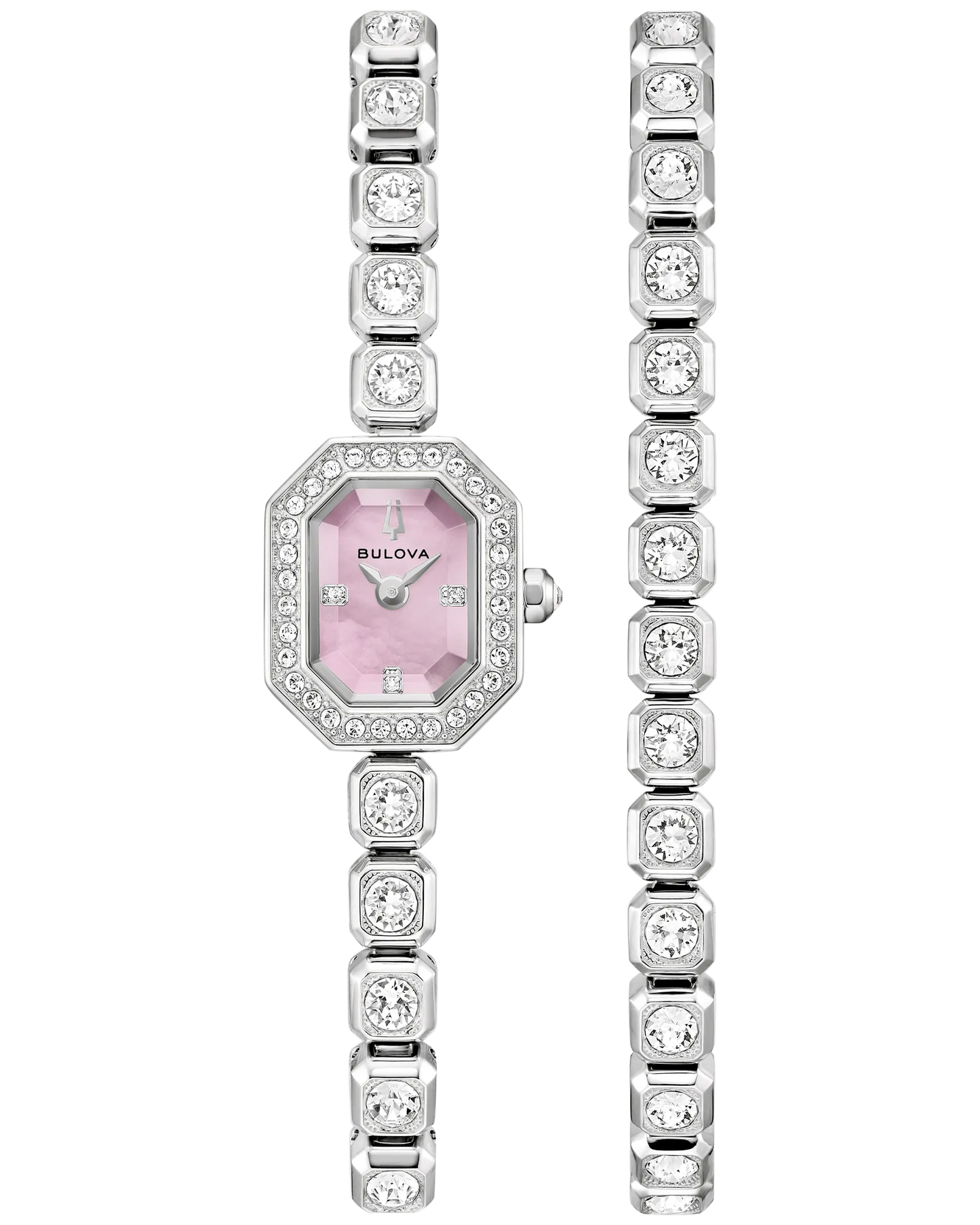 A Bulova Watch - Crystal Set - 96X168, featuring a silver-tone women’s watch with a pink mother-of-pearl dial and sparkling Austrian crystals, is displayed next to a coordinating crystal-accented bracelet on a white background.