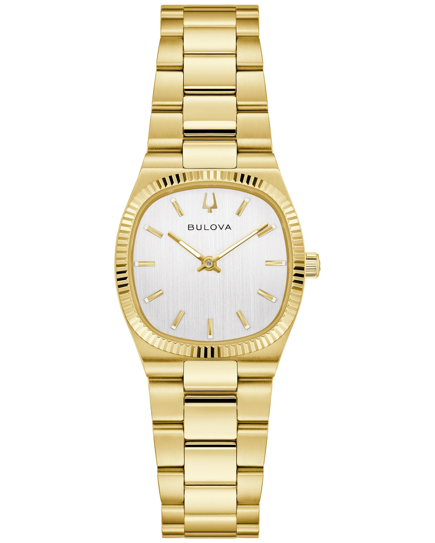 The Bulova Watch - Super Seville Mini 97L189 features a gold-tone rectangular case, silver-tone dial, gold markers and hands, and a stainless steel bracelet, shown on a white background.