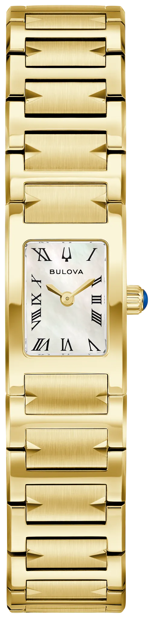 Introducing the Bulova Watch - Marc Anthony Harmony - 97L200: This elegant gold-tone wristwatch by Bulova features a rectangular face with classic Roman numeral hour markers and a stunning mother-of-pearl dial, beautifully accented by a blue cabochon on the crown. Its linked gold-tone metal band adds an exquisite finishing touch.