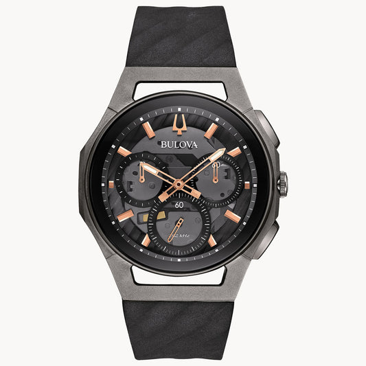 The Bulova Curv 98A162 is a modern chronograph watch with a black strap, black face, rose gold and silver accents, and three subdials, blending minimalist and industrial style for a striking look.
